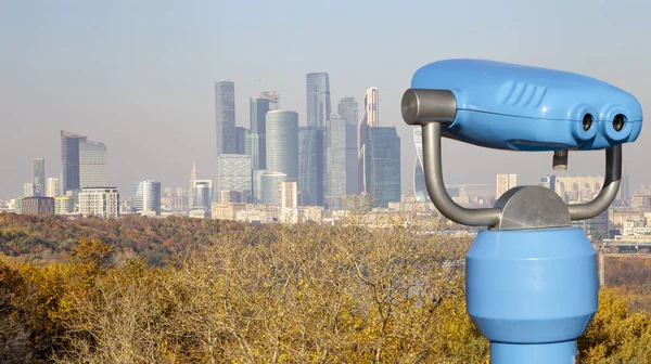 Touristic Telescope Viewer Binoculars View City Complex Skyscrapers Moscow City — Stok fotoğraf