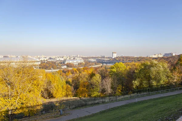 Widok Centrum Moskwy Wzgórza Worobiowe Lub Worobiowy Gory Obserwacji Wyświetlanie — Zdjęcie stockowe