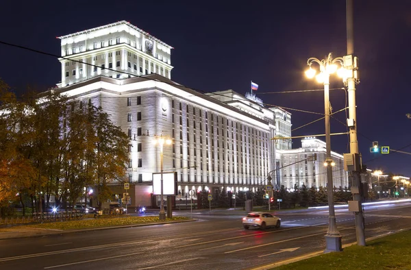 Main Building of the Ministry of Defence of the Russian Federation (Minoboron), at night-- is the governing body of the Russian Armed Forces. Moscow, Russia