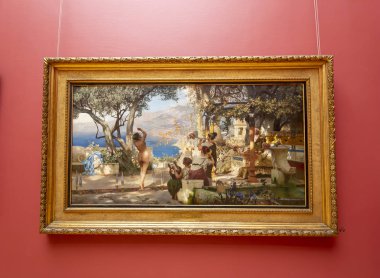 Moskova, Rusya - 07 Haziran 2019: Devlet Tretyakov Galerisi, Rusya'nın Moskova kentinde, Rus güzel sanatının dünyanın önde gelen deposu olan bir sanat galerisidir. Galeri'nin tarihi 1856'da başlar. Sanatçı V.Vasnetsov'un salonu. Koleksiyon - 130.000 sergi 