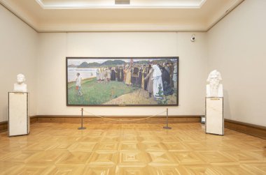 Moskova, Rusya - 07 Haziran 2019: Devlet Tretyakov Galerisi, Rusya'nın Moskova kentinde, Rus güzel sanatının dünyanın önde gelen deposu olan bir sanat galerisidir. Galeri'nin tarihi 1856'da başlar. Sanatçı V.Vasnetsov'un salonu. Koleksiyon - 130.000 sergi 