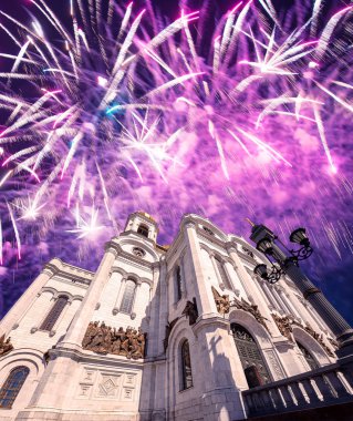 Fireworks over the Christ the Savior Cathedral , Moscow, Russia.