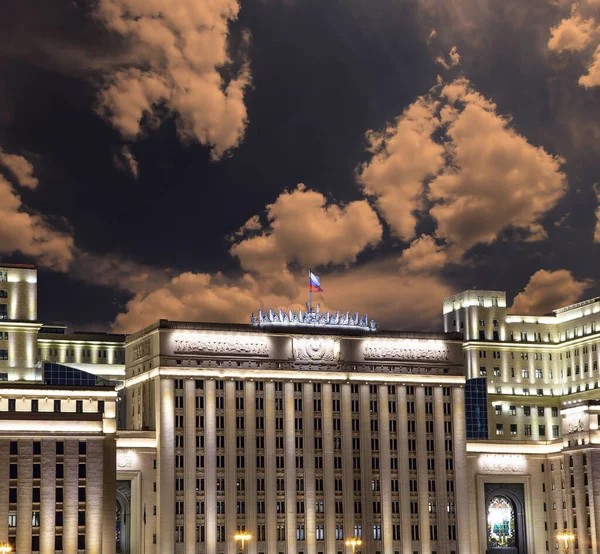 Main Building of the Ministry of Defence of the Russian Federation (Minoboron), at night-- is the governing body of the Russian Armed Forces. Moscow, Russia