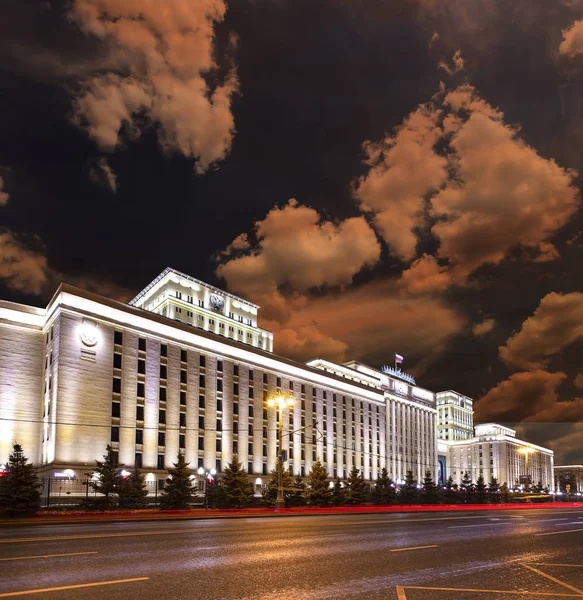 Main Building of the Ministry of Defence of the Russian Federation (Minoboron), at night-- is the governing body of the Russian Armed Forces. Moscow, Russia