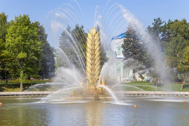 Moskova, Rusya - 20 Ağustos 2019: Vdnh parkında Kamensky gölet üzerinde Altın Başak çeşme. Vdnkh (ayrıca All-Russian Exhibition Center olarak da adlandırılır) Moskova, Rusya'da kalıcı bir genel amaçlı ticaret fuarı