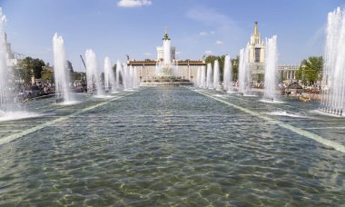 Moskova, Rusya - 20 Ağustos 2019: Moskova'daki Vdnkh'de Çeşme TaşLı Çiçek. Vdnkh (ayrıca All-Russian Exhibition Center olarak da adlandırılır) Moskova, Rusya'da kalıcı bir genel amaçlı ticaret fuarı   