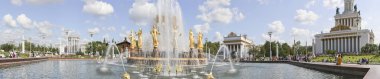 Moskova, Rusya - 20 Ağustos 2019: Moskova'daki Vdnkh'de Çeşme TaşLı Çiçek. Vdnkh (ayrıca All-Russian Exhibition Center olarak da adlandırılır) Moskova, Rusya'da kalıcı bir genel amaçlı ticaret fuarı   