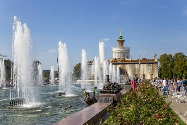 Moskova, Rusya - 20 Ağustos 2019: Moskova'daki Vdnkh'de Çeşme TaşLı Çiçek. Vdnkh (ayrıca All-Russian Exhibition Center olarak da adlandırılır) Moskova, Rusya'da kalıcı bir genel amaçlı ticaret fuarı   