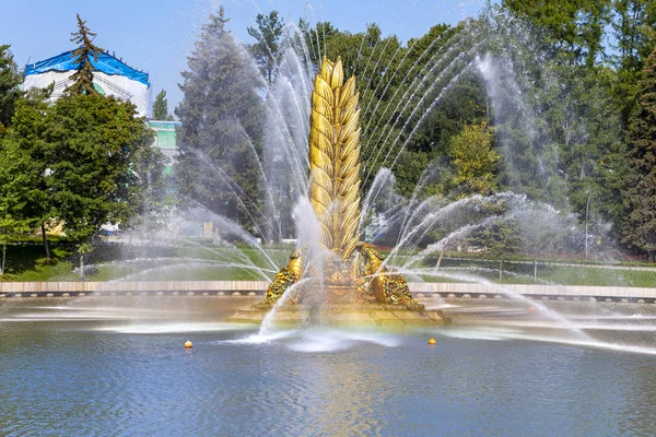 Vdnh parkında Kamensky gölet üzerinde Altın Başak çeşme. Vdnkh (ayrıca All-Russian Exhibition Center olarak da adlandırılır) Moskova, Rusya'da kalıcı bir genel amaçlı ticaret fuarı