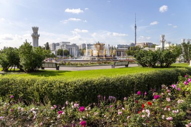 Moskova, Rusya - 23 Ağustos 2019: Milletlerin Çeşme Dostluğu(1951-54, Mimarlar K. Topuridze ve G. Konstantinovsky tarafından çeşme projesi) - Vdnkh (All-Russia Exhibition Centre), Moskova, Rusya   