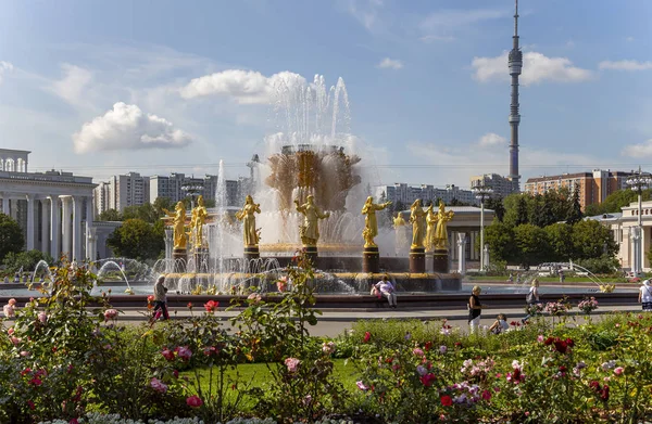 Moskwa Rosja Sierpnia 2019 Fontanna Przyjaźń Narodów 1951 Projekt Fontanny — Zdjęcie stockowe