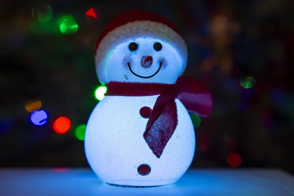 Beautiful Christmas Decorative Toys Closeup Glowing Snowman — Stock Photo, Image