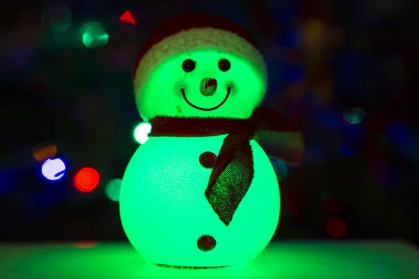 Beautiful Christmas Decorative Toys Closeup Glowing Snowman — Stock Photo, Image