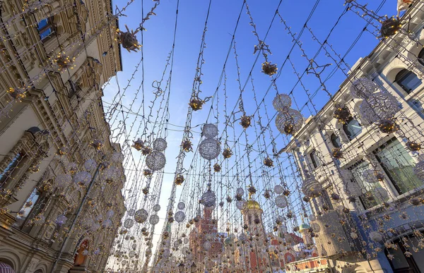 Vánoční Osvětlení Nový Rok Dovolené Nikolské Ulici Nedaleko Moskevského Kremlu — Stock fotografie
