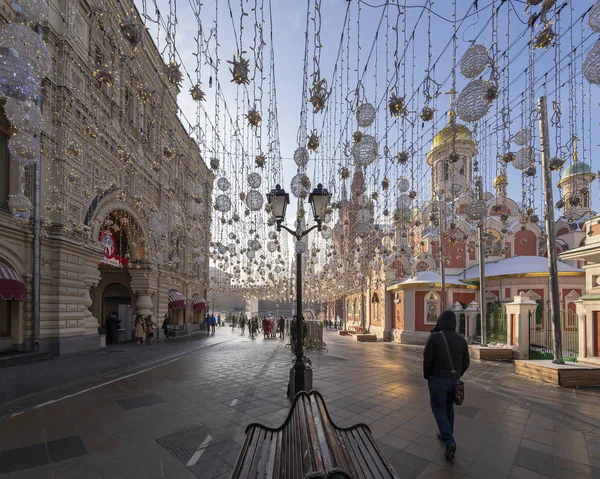 Moskou Rusland Januari 2019 Kerstmis Nieuwjaar Vakantie Verlichting Nikolskaya Straat — Stockfoto