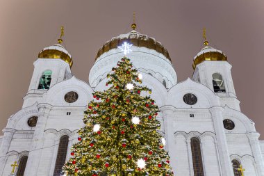 Christmas (yeni yıl tatilleri) dekorasyon (gece), Moskova'da Rusya--Mesih İsa Katedrali yakınındaki   