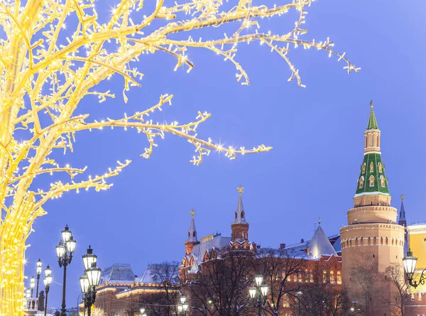 Natale Capodanno Decorazione Mosca Notte Russia Cremlino — Foto Stock