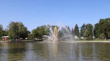 Moskova, Rusya - 23 Ağustos 2019: Vdnh Parkı 'ndaki Kamensky göleti üzerinde Altın Spike Çeşmesi. Vdnkh (ayrıca All-Russian Exhibition Center olarak da bilinir), Rusya 'nın başkenti Moskova' da yer alan bir ticaret fuarıdır. 