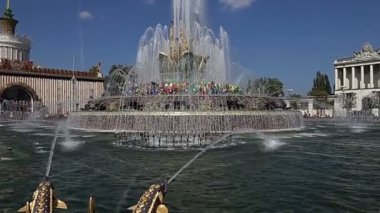 Moskova, Rusya - 23 Ağustos 2019: Moskova, Vdnkh 'da Çeşme Taş Çiçeği. Vdnkh (ayrıca All-Russian Exhibition Center olarak da bilinir), Rusya 'nın başkenti Moskova' da yer alan bir ticaret fuarıdır. 