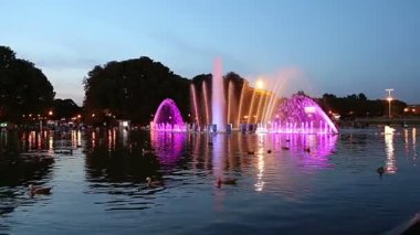 Gorky Park 'taki Dans Çeşmesinin Renkli Işıkları (gece), Moskova, Rusya 