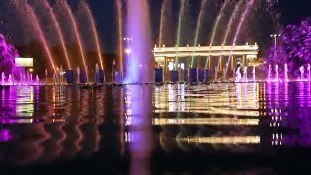 Kleurrijke Lichten Van Dansende Fontein Gorky Park Nachts Moskou Rusland — Stockvideo