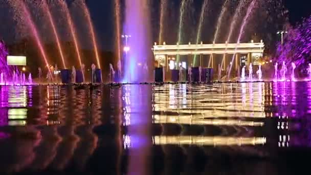 Bunte Lichter Des Tanzenden Springbrunnens Gorki Park Der Nacht Moskau — Stockvideo