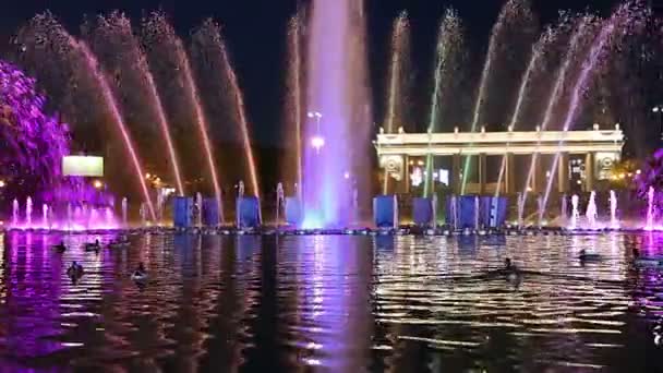 Kleurrijke Lichten Van Dansende Fontein Gorky Park Nachts Moskou Rusland — Stockvideo