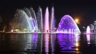 Moskova, Rusya 11 Eylül 2019: Gorky Park 'taki Dans Çeşmesinin Renkli Işıkları (gece), Moskova, Rusya 
