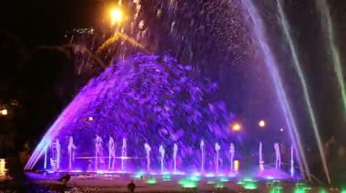 Gorky Park 'taki Dans Çeşmesinin Renkli Işıkları (gece), Moskova, Rusya 
