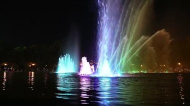 Gorky Park 'taki Dans Çeşmesinin Renkli Işıkları (gece), Moskova, Rusya 