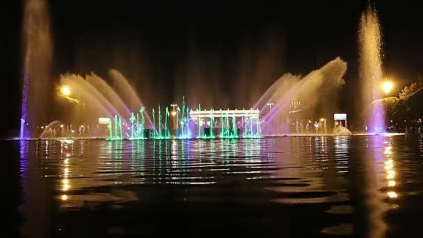 Kleurrijke Lichten Van Dansende Fontein Gorky Park Nachts Moskou Rusland — Stockvideo