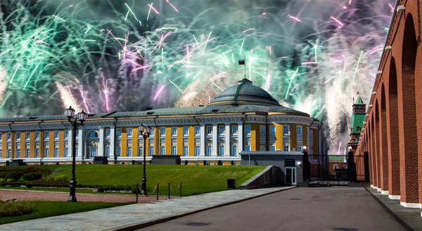 Fuochi Artificio Sul Cremlino Mosca Durante Giorno Della Vittoria Seconda — Foto Stock