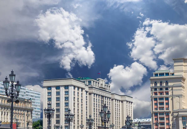 Building of The State Duma of the Federal Assembly of Russian Federation on a cloud background, Moscow, Russia