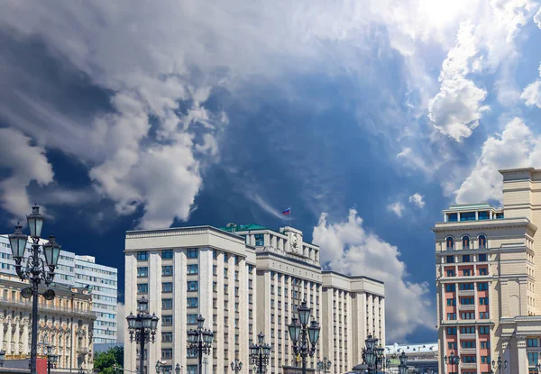 Building of The State Duma of the Federal Assembly of Russian Federation on a cloud background, Moscow, Russia