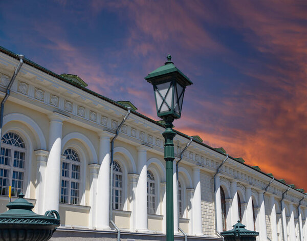 Manege Exhibition Hall (Manege Square near the Kremlin) on a beautiful sky with cloud before sunset background in Moscow. Russia    