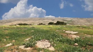 Hareketli bulutların arka planına karşı çöl manzarası, Ürdün, Ortadoğu