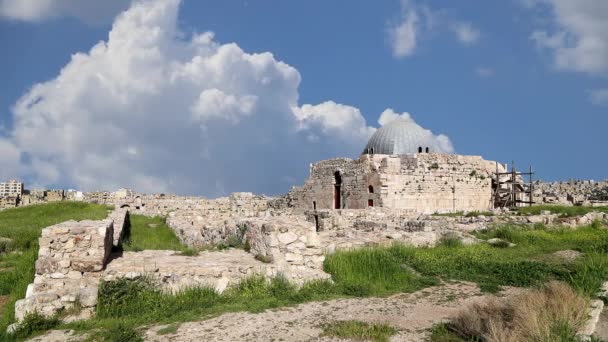 Amman Città Landmarks Vecchia Cittadella Romana Hill Sullo Sfondo Nuvole — Video Stock