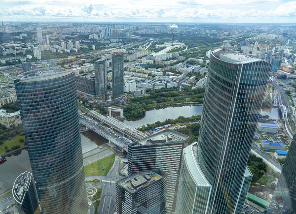 MOSCOW, RUSSIA JULY 23, 2020: Aerial view of center of Moscow from observation deck Federation Tower in International Business Center (City), Russia. 89 floor, Panorama 360 the highest observation platform in Europe