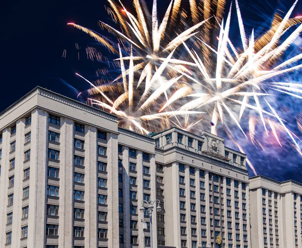 Fireworks over the building of The State Duma of the Federal Assembly of Russian Federation during Victory Day (WWII), Moscow, Russia