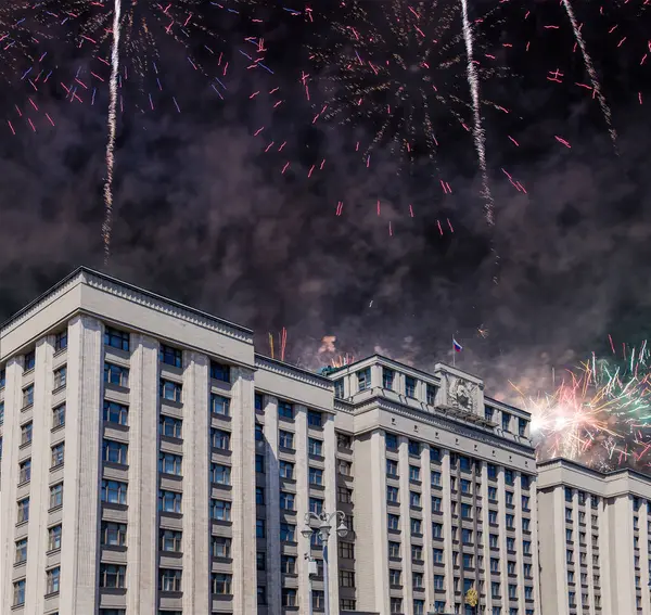 Feux Artifice Sur Bâtiment Douma Etat Assemblée Fédérale Fédération Russie — Photo