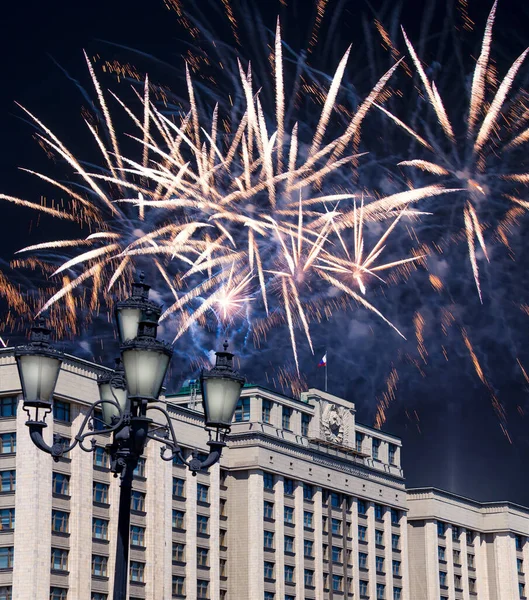 Fireworks over the building of The State Duma of the Federal Assembly of Russian Federation during Victory Day (WWII), Moscow, Russia