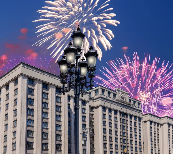 Feux Artifice Sur Bâtiment Douma Etat Assemblée Fédérale Fédération Russie — Photo