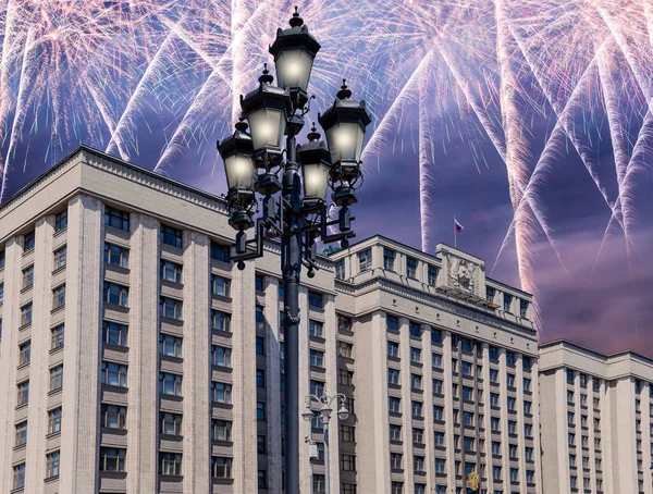Fireworks over the building of The State Duma of the Federal Assembly of Russian Federation during Victory Day (WWII), Moscow, Russia