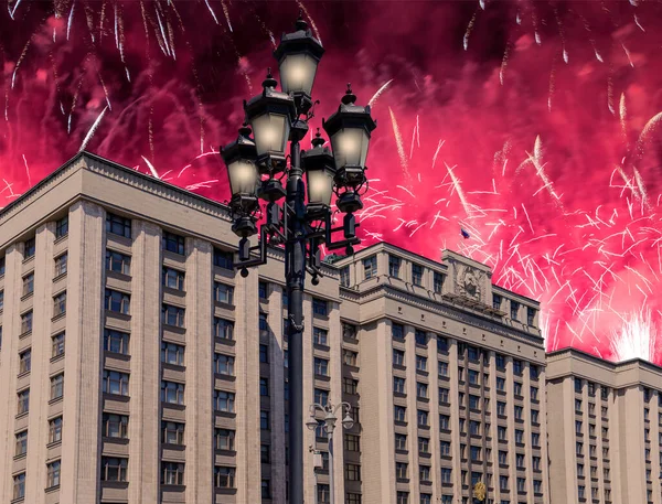 Fireworks over the building of The State Duma of the Federal Assembly of Russian Federation during Victory Day (WWII), Moscow, Russia