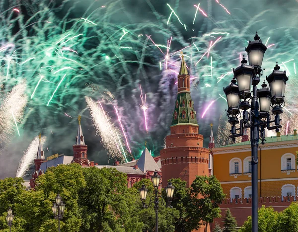 Feuerwerk Über Dem Moskauer Kreml Tag Des Sieges Wwii Russland — Stockfoto