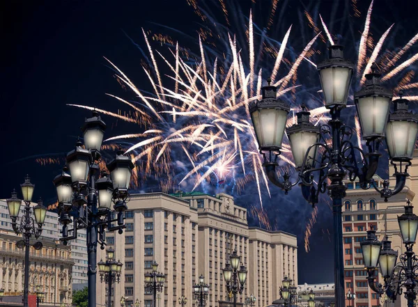 Fireworks over the building of the State Duma of the Federal Assembly of Russian Federation during Victory Day (WWII), Moscow, Russia