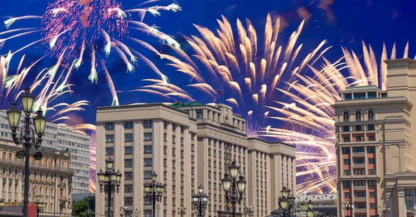 Fireworks over the building of the State Duma of the Federal Assembly of Russian Federation during Victory Day (WWII), Moscow, Russia