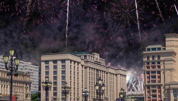 Fireworks over the building of the State Duma of the Federal Assembly of Russian Federation during Victory Day (WWII), Moscow, Russia