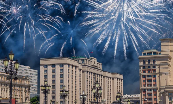 Fireworks over the building of the State Duma of the Federal Assembly of Russian Federation during Victory Day (WWII), Moscow, Russia
