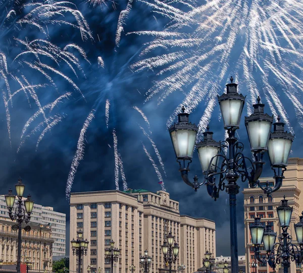 Feux Artifice Sur Bâtiment Douma Etat Assemblée Fédérale Fédération Russie — Photo